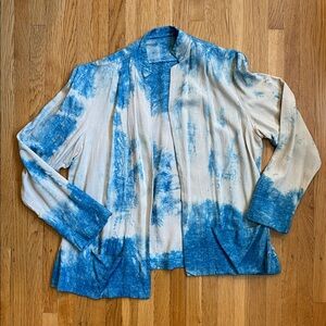Vintage Raw Silk Blue and Cream Tie-Dye Open Jacket